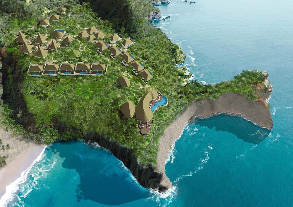 Aerial view of Kabisu eco-resort on a tropical cliffside in Sumba Island, Indonesia