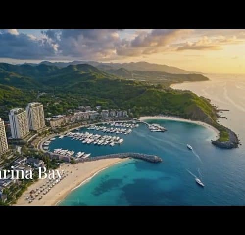 Aerial view of Marina Bay in Lombok with high-rise towers, a yacht marina and a curved sandy beach at sunset.